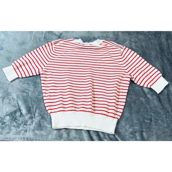 NWT Madewell Size Small Textural-Stitch Cotton Sweater Short Sleeve Red White - Picture 4 of 9